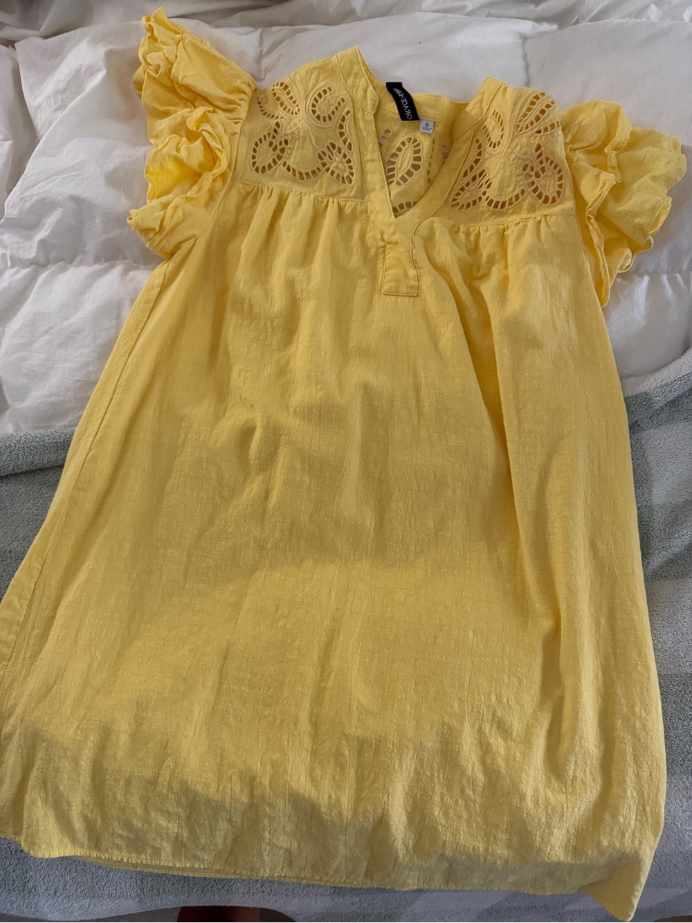 Yellow Eyelet Ruffle-Sleeve Blouse Dress